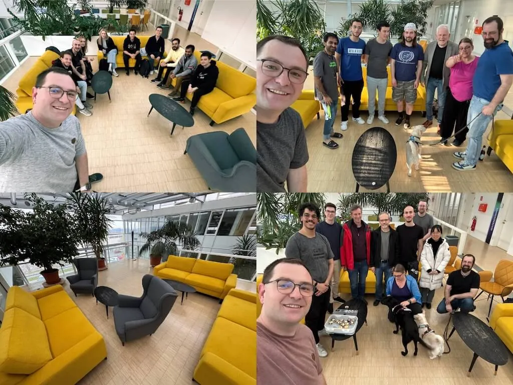 Four snapshots of Endre with groups of members gathered on the lounge sofas.