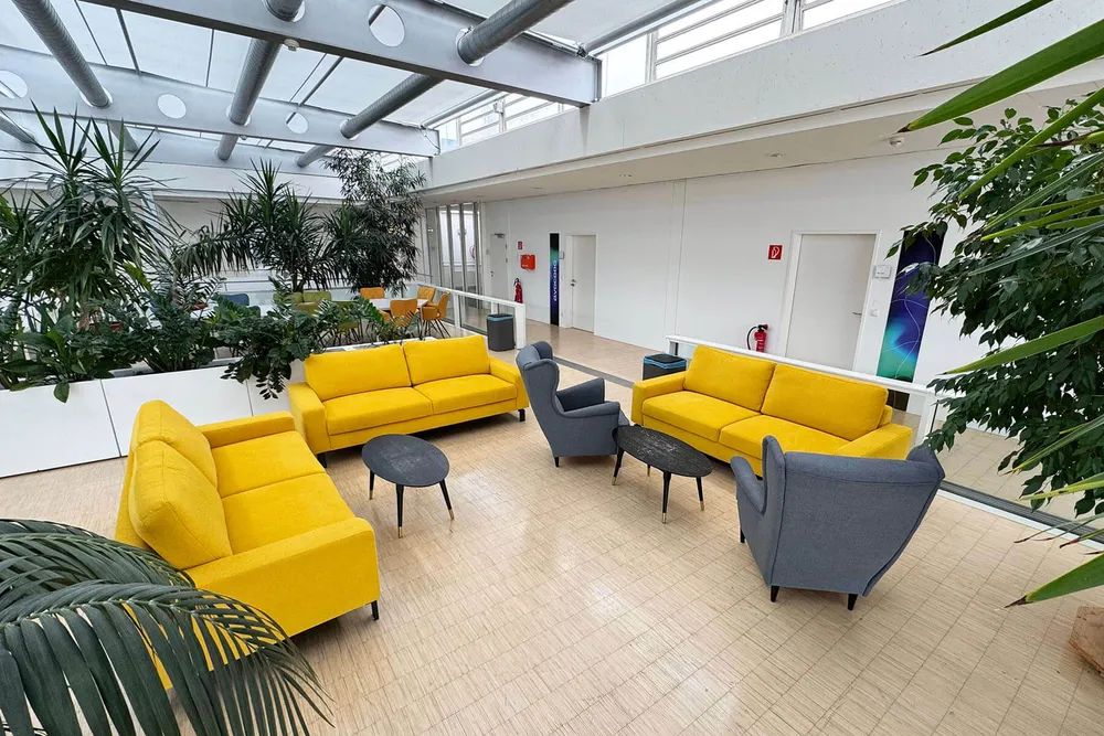 Three yellow sofas and two grey wing-back armchairs around low black coffee tables, with palms and a glass roof overhead.