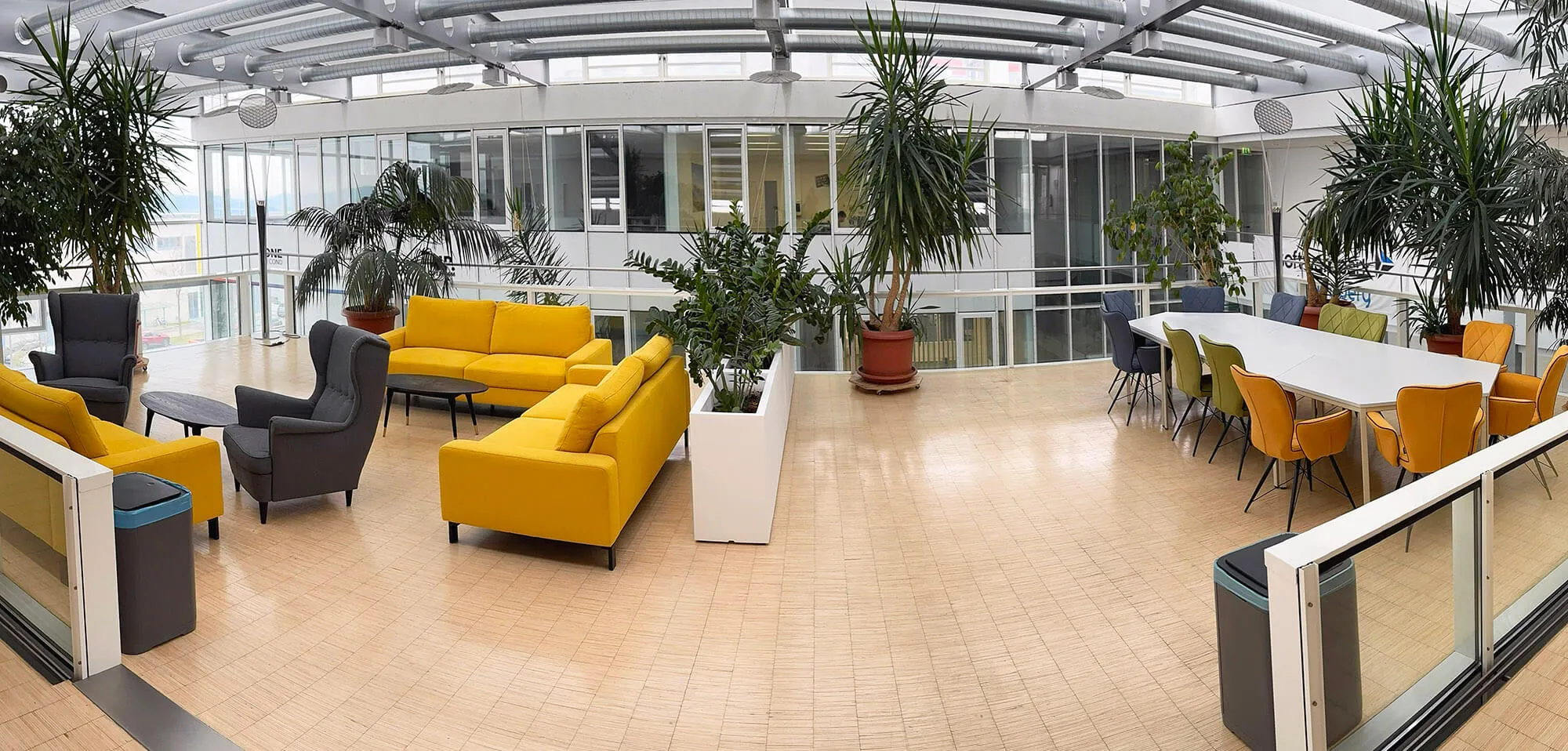 A panoramic view of the lounge: yellow sofas and grey armchairs under a glazed roof, surrounded by tall plants, with a long white meeting table to one side.